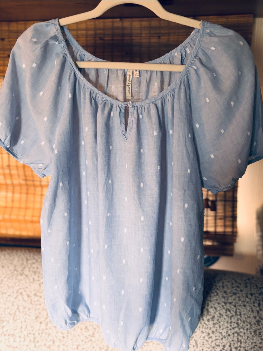 grand & greene Light Blue Peasant Blouse with White Dot Accents 10